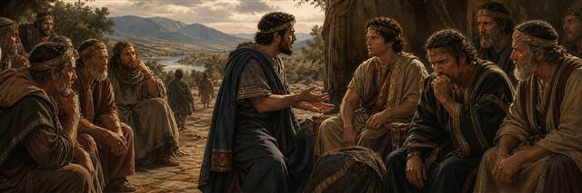 Hushai counseling Absalom while hidden messengers leave toward the Jordan